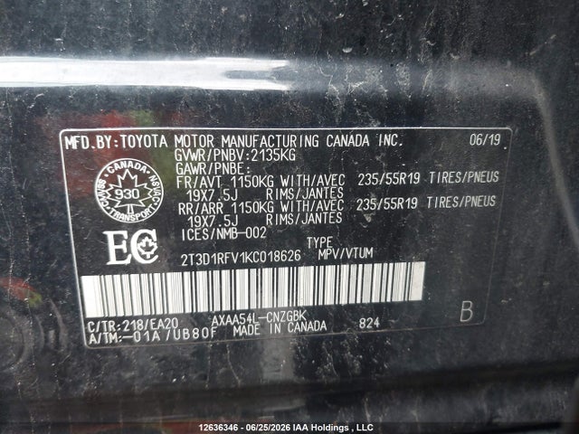 2019 Toyota Rav4 მანქანა იყიდება აუქციონზე, vin: 2T3D1RFV1KC018626, აუქციონის ნომერი: 12636346