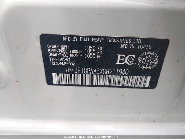 12636349 :رقم المزاد ، JF1GPAA6XGH211940 vin ، 2016 Subaru Impreza 2.0i مزاد بيع