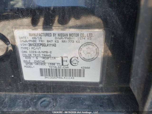 Продаж на аукціоні авто 2016 Nissan Versa Note 1.6 S/1.6 Sl/1.6 Sr/1.6 Sv, vin: 3N1CE2CP0GL411143, номер лоту: 12636352