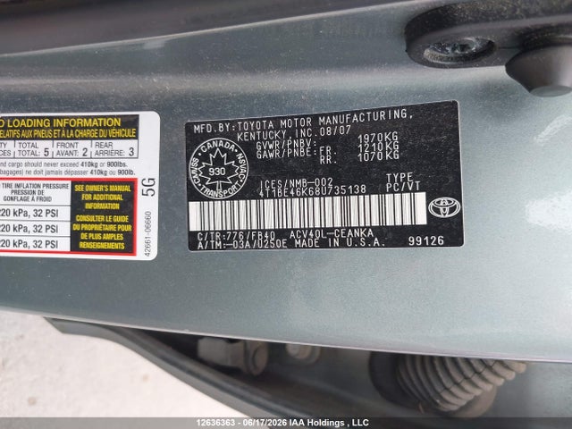 2008 Toyota Camry Ce/le/xle/se მანქანა იყიდება აუქციონზე, vin: 4T1BE46K68U735138, აუქციონის ნომერი: 12636363