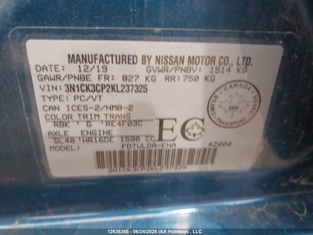 12636365 :رقم المزاد ، 3N1CK3CP2KL237325 vin ، 2019 Nissan Micra S/sr/sv مزاد بيع