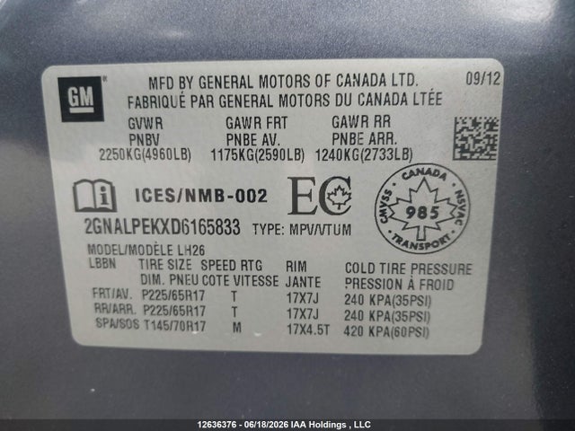 12636376 :رقم المزاد ، 2GNALPEKXD6165833 vin ، 2013 Chevrolet Equinox 2lt مزاد بيع