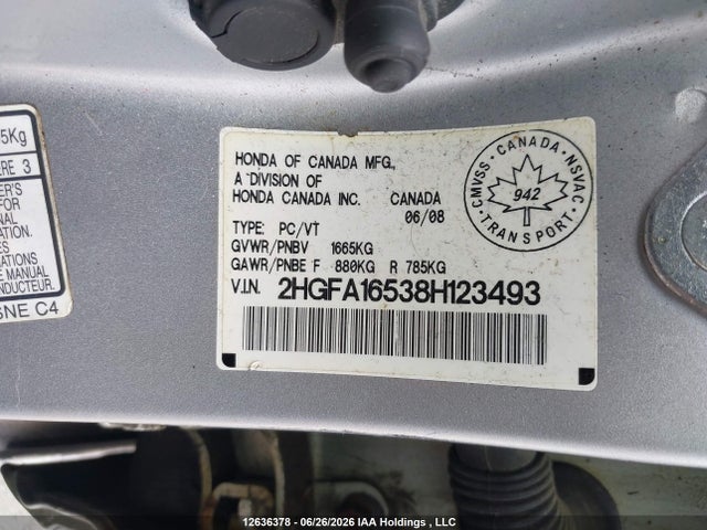 2008 Honda Civic Lx მანქანა იყიდება აუქციონზე, vin: 2HGFA16538H123493, აუქციონის ნომერი: 12636378