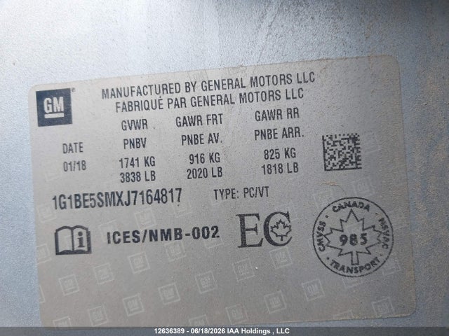 Aukcja sprzedaży 2018 Chevrolet Cruze, vin: 1G1BE5SMXJ7164817, numer aukcji: 12636389