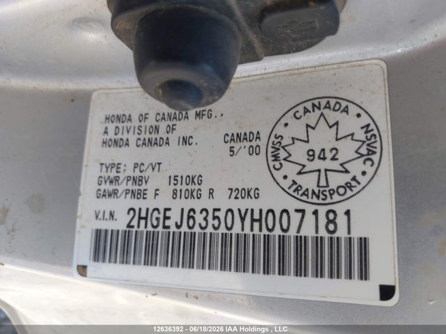 2000 Honda Civic Special Edition მანქანა იყიდება აუქციონზე, vin: 2HGEJ6350YH007181, აუქციონის ნომერი: 12636392