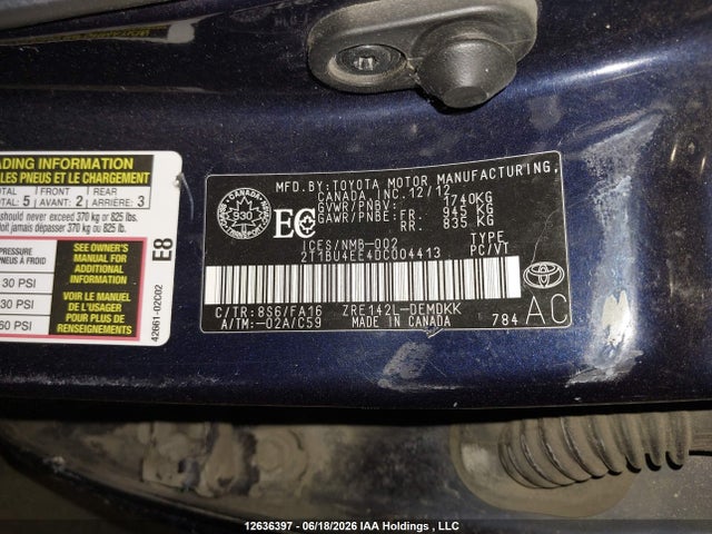 2013 Toyota Corolla S/le მანქანა იყიდება აუქციონზე, vin: 2T1BU4EE4DC004413, აუქციონის ნომერი: 12636397