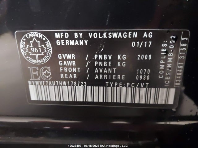 WVWVF7AU7HW178723 Volkswagen Golf R 2.0 Tsi