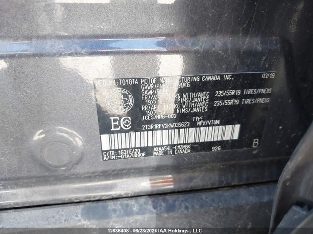 2019 Toyota Rav4 მანქანა იყიდება აუქციონზე, vin: 2T3R1RFV2KW036623, აუქციონის ნომერი: 12636408