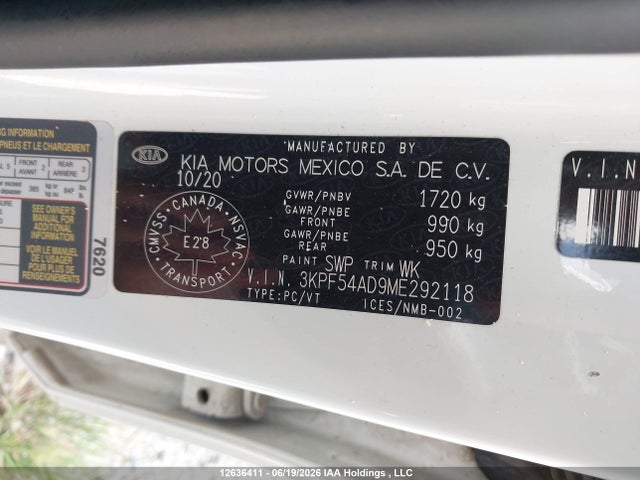 12636411 :رقم المزاد ، 3KPF54AD9ME292118 vin ، 2021 Kia Forte Ex/ex Premium/ex+ مزاد بيع