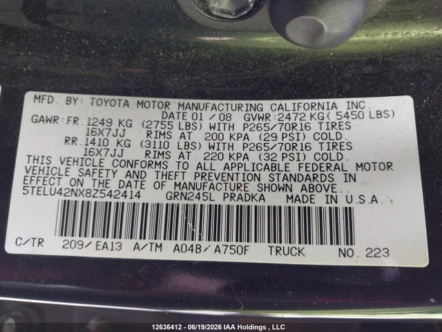 2008 Toyota Tacoma Double Cab მანქანა იყიდება აუქციონზე, vin: 5TELU42NX8Z542414, აუქციონის ნომერი: 12636412