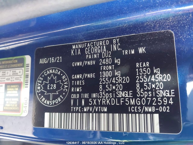 12636417 :رقم المزاد ، 5XYRKDLF5MG072594 vin ، 2021 Kia Sorento Sx/sxp مزاد بيع