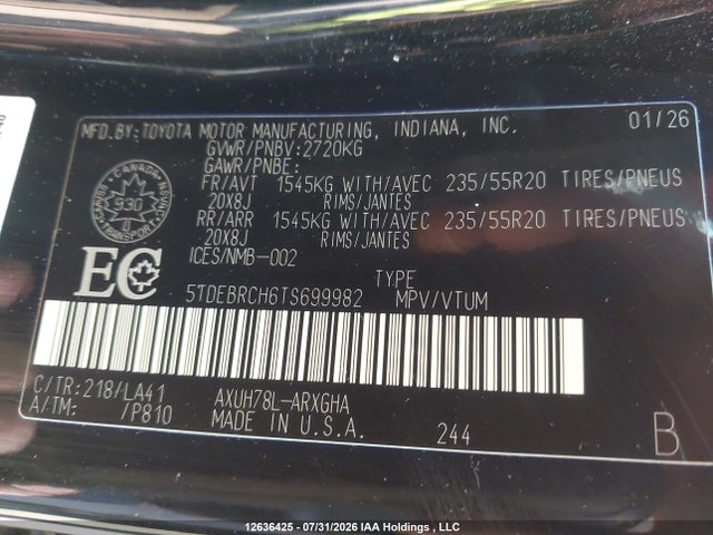 5TDEBRCH6TS699982 Toyota Highlander Hybrid Limited/hybrid Platinum
