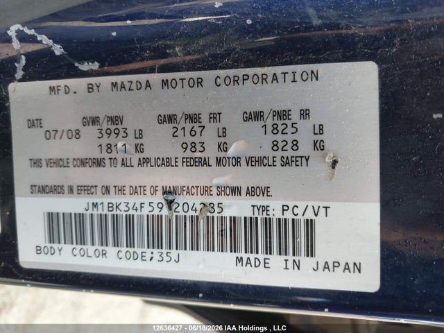 12636427 :رقم المزاد ، JM1BK34F591204285 vin ، 2009 Mazda Mazda3 Gx مزاد بيع