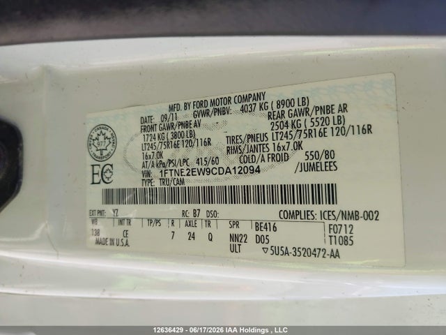 12636429 :رقم المزاد ، 1FTNE2EW9CDA12094 vin ، 2012 Ford E-250 Commercial/recreational مزاد بيع