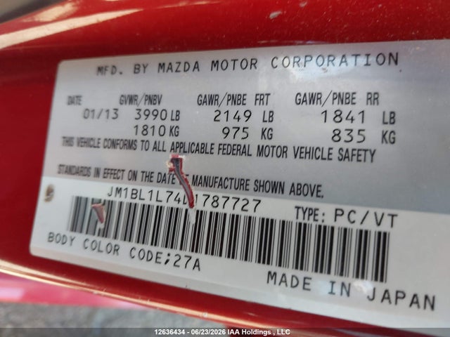 12636434 :رقم المزاد ، JM1BL1L74D1787727 vin ، 2013 Mazda Mazda3 Gs-sky مزاد بيع