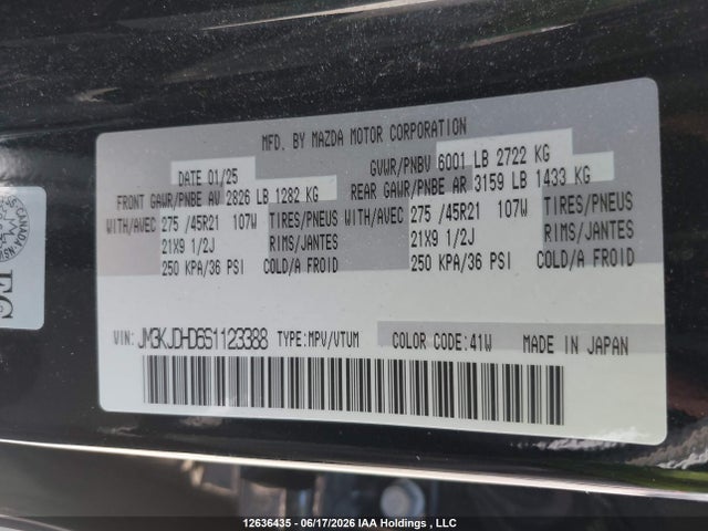 12636435 :رقم المزاد ، JM3KJDHD6S1123388 vin ، 2025 Mazda Cx-70 Premium مزاد بيع