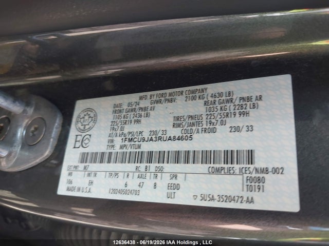 12636438 :رقم المزاد ، 1FMCU9JA3RUA84605 vin ، 2024 Ford Escape Platinum مزاد بيع