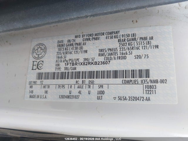 12636452 :رقم المزاد ، 1FTBR1X82RKB23607 vin ، 2024 Ford Transit T-250 مزاد بيع