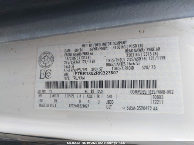 12636452 :رقم المزاد ، 1FTBR1X82RKB23607 vin ، 2024 Ford Transit T-250 مزاد بيع