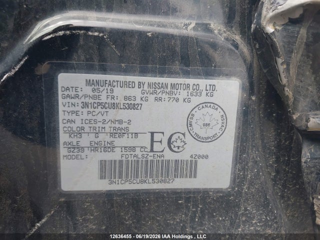 Aukcja sprzedaży 2019 Nissan Kicks S/sr/sv, vin: 3N1CP5CU8KL530827, numer aukcji: 12636455