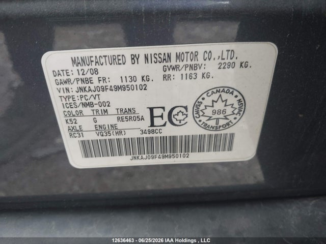 Aukcja sprzedaży 2009 Infiniti Ex35 Journey, vin: JNKAJ09F49M950102, numer aukcji: 12636463