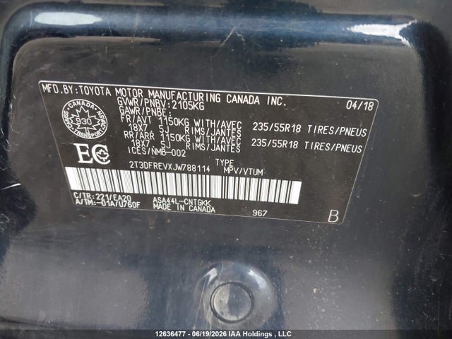 12636477 :رقم المزاد ، 2T3DFREVXJW788114 vin ، 2018 Toyota Rav4 Limited مزاد بيع