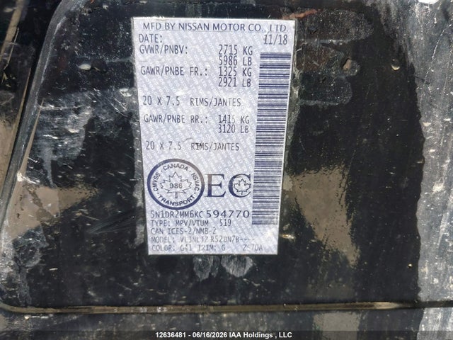 Продажа на аукционе авто 2019 Nissan Pathfinder S/sl/sv/platinum, vin: 5N1DR2MM6KC594770, номер лота: 12636481