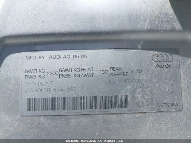 2006 Audi A4 2.0t Quattro მანქანა იყიდება აუქციონზე, vin: WAUDF78E66A289278, აუქციონის ნომერი: 12636490