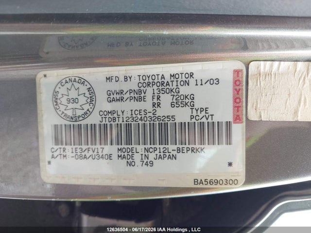 2004 Toyota Echo მანქანა იყიდება აუქციონზე, vin: JTDBT123240326255, აუქციონის ნომერი: 12636504