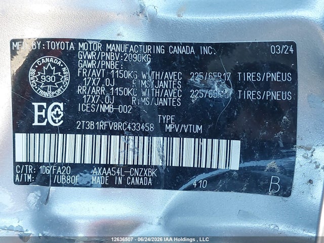 2024 Toyota Rav4 მანქანა იყიდება აუქციონზე, vin: 2T3B1RFV8RC433458, აუქციონის ნომერი: 12636507
