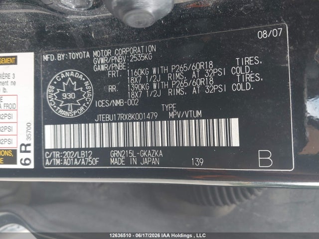 Aukcja sprzedaży 2008 Toyota 4runner Limited, vin: JTEBU17RX8K001479, numer aukcji: 12636510