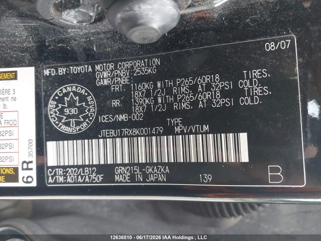 Aukcja sprzedaży 2008 Toyota 4runner Limited, vin: JTEBU17RX8K001479, numer aukcji: 12636510
