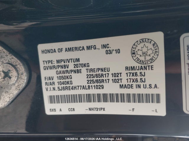 Продажа на аукционе авто 2010 Honda Cr-v Exl, vin: 5J6RE4H77AL811029, номер лота: 12636514