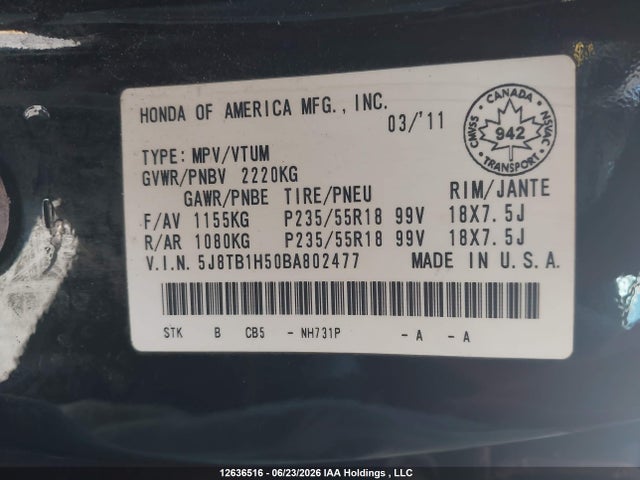 Продаж на аукціоні авто 2011 Acura Rdx, vin: 5J8TB1H50BA802477, номер лоту: 12636516