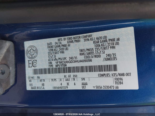 Продажа на аукционе авто 2017 Ford Escape Se, vin: 1FMCU0GD3HUA05056, номер лота: 12636520