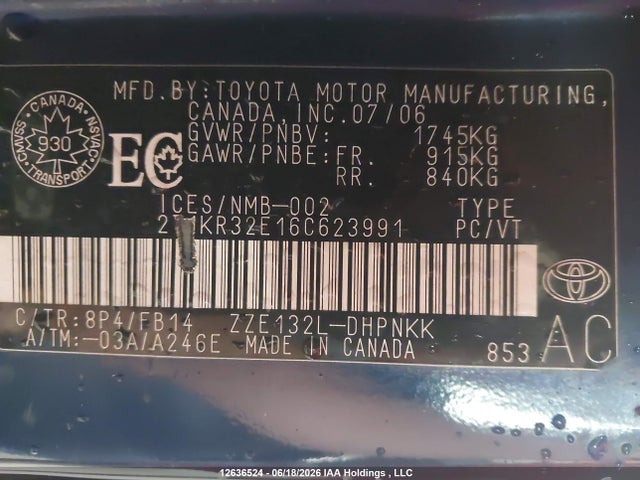 Продажа на аукционе авто 2006 Toyota Corolla Matrix Xr, vin: 2T1KR32E16C623991, номер лота: 12636524