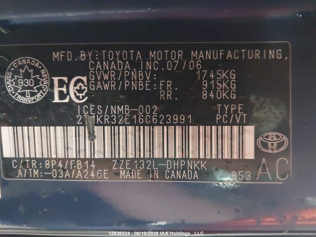 Продажа на аукционе авто 2006 Toyota Corolla Matrix Xr, vin: 2T1KR32E16C623991, номер лота: 12636524