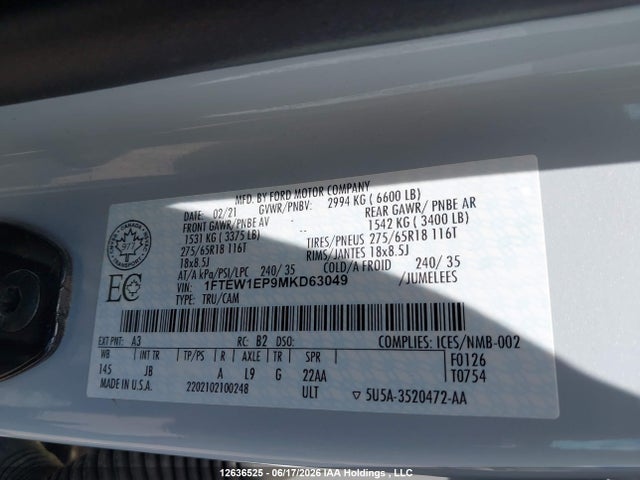 Продаж на аукціоні авто 2021 Ford F-150 Xl, vin: 1FTEW1EP9MKD63049, номер лоту: 12636525