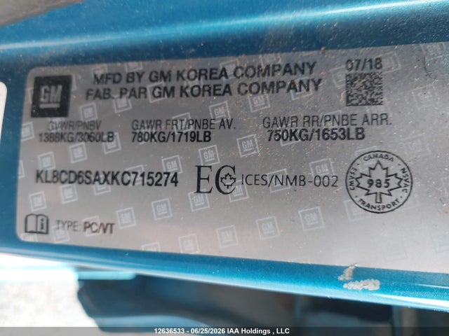 Продажа на аукционе авто 2019 Chevrolet Spark 1lt, vin: KL8CD6SAXKC715274, номер лота: 12636533