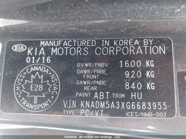 12636539 :رقم المزاد ، KNADM5A3XG6683955 vin ، 2016 Kia Rio Ex/ex+ W/sunroof/lx/lx+/lx+ Eco/sx مزاد بيع