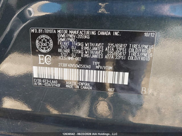 2012 Toyota Rav4 Limited მანქანა იყიდება აუქციონზე, vin: 2T3DF4DV5CW259340, აუქციონის ნომერი: 12636542