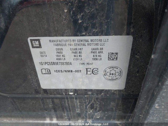 12636560 :رقم المزاد ، 1G1PC5SB9E7387804 vin ، 2014 Chevrolet Cruze Lt مزاد بيع