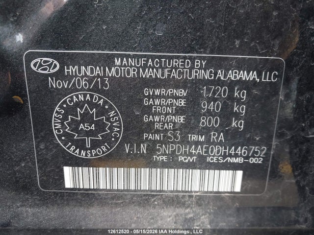 12612520 :رقم المزاد ، 5NPDH4AE0DH446752 vin ، 2013 Hyundai Elantra Gl مزاد بيع