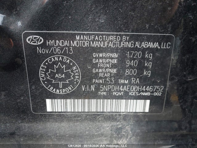 12612520 :رقم المزاد ، 5NPDH4AE0DH446752 vin ، 2013 Hyundai Elantra Gl مزاد بيع