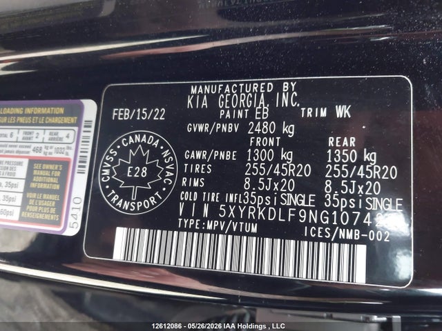 2022 Kia Sorento 2.5t Sx W/black Leather/2.5t Sx W/burgundy Leather მანქანა იყიდება აუქციონზე, vin: 5XYRKDLF9NG107428, აუქციონის ნომერი: 12612086