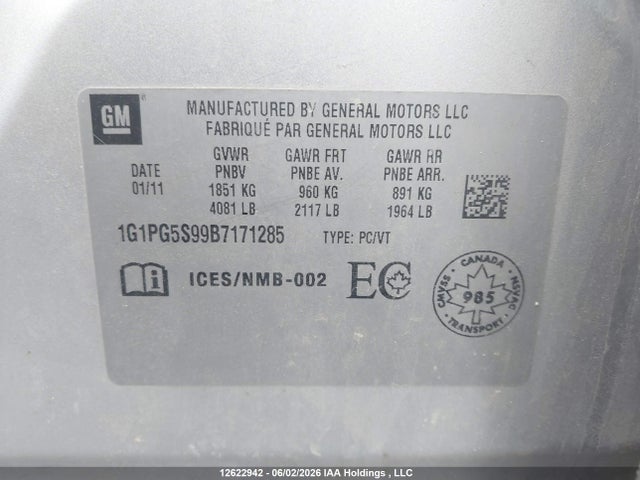 2011 Chevrolet Cruze Lt Turbo მანქანა იყიდება აუქციონზე, vin: 1G1PG5S99B7171285, აუქციონის ნომერი: 12622942