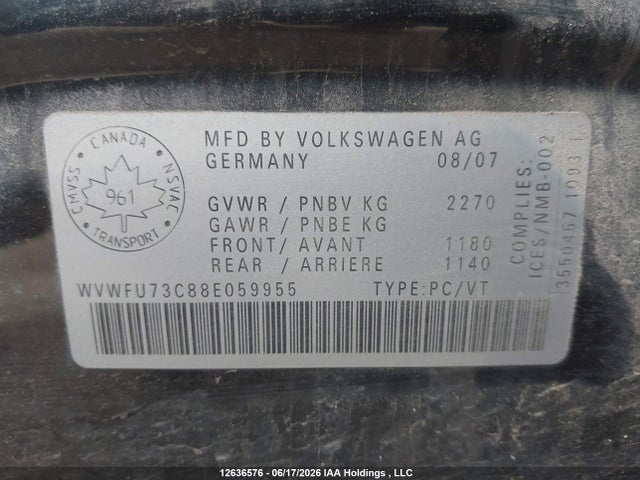 12636576 :رقم المزاد ، WVWFU73C88E059955 vin ، 2008 Volkswagen Passat 3.6l 4motion مزاد بيع