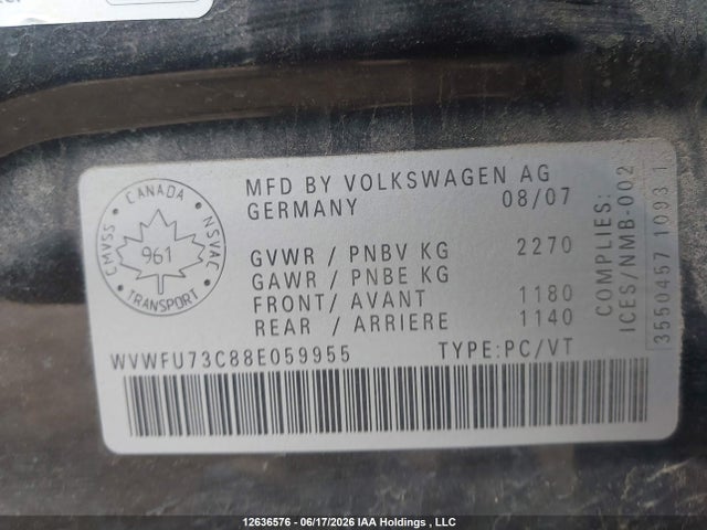 12636576 :رقم المزاد ، WVWFU73C88E059955 vin ، 2008 Volkswagen Passat 3.6l 4motion مزاد بيع