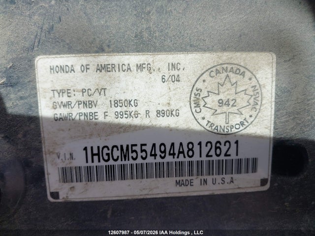 12607987 :رقم المزاد ، 1HGCM55494A812621 vin ، 2004 Honda Accord 2.4 Lx مزاد بيع