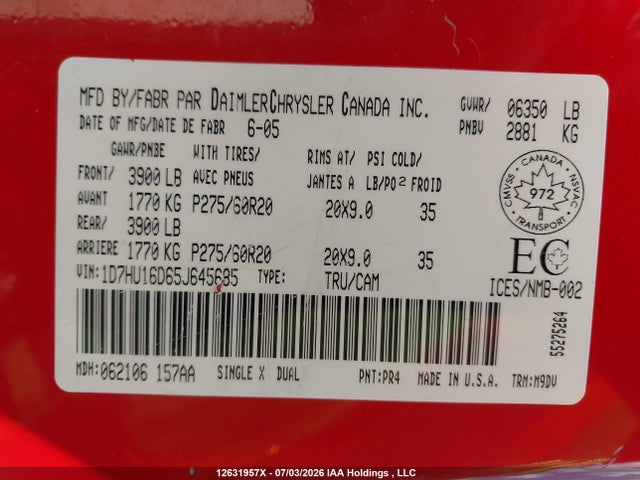 Aukcja sprzedaży 2005 Dodge Ram 1500 Slt/laramie, vin: 1D7HU16D65J645685, numer aukcji: 12631957